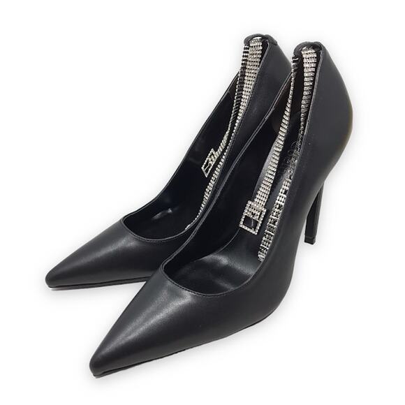 Camila Coelho Amor Heel Pumps 8.5 Crystal Embellished Buckle Pointed Toe Leather